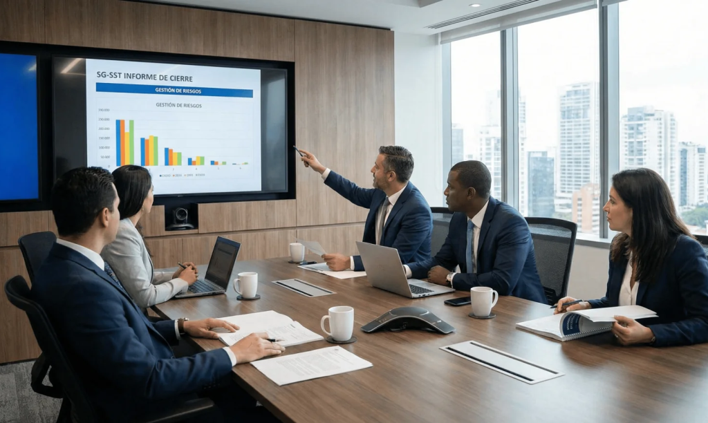 Guía estratégica para el cierre del SG-SST en 2025: la prevención como decisión de gestión empresarial 7 Equipo directivo evaluando el cierre del SG-SST y la gestión de riesgos empresariales.