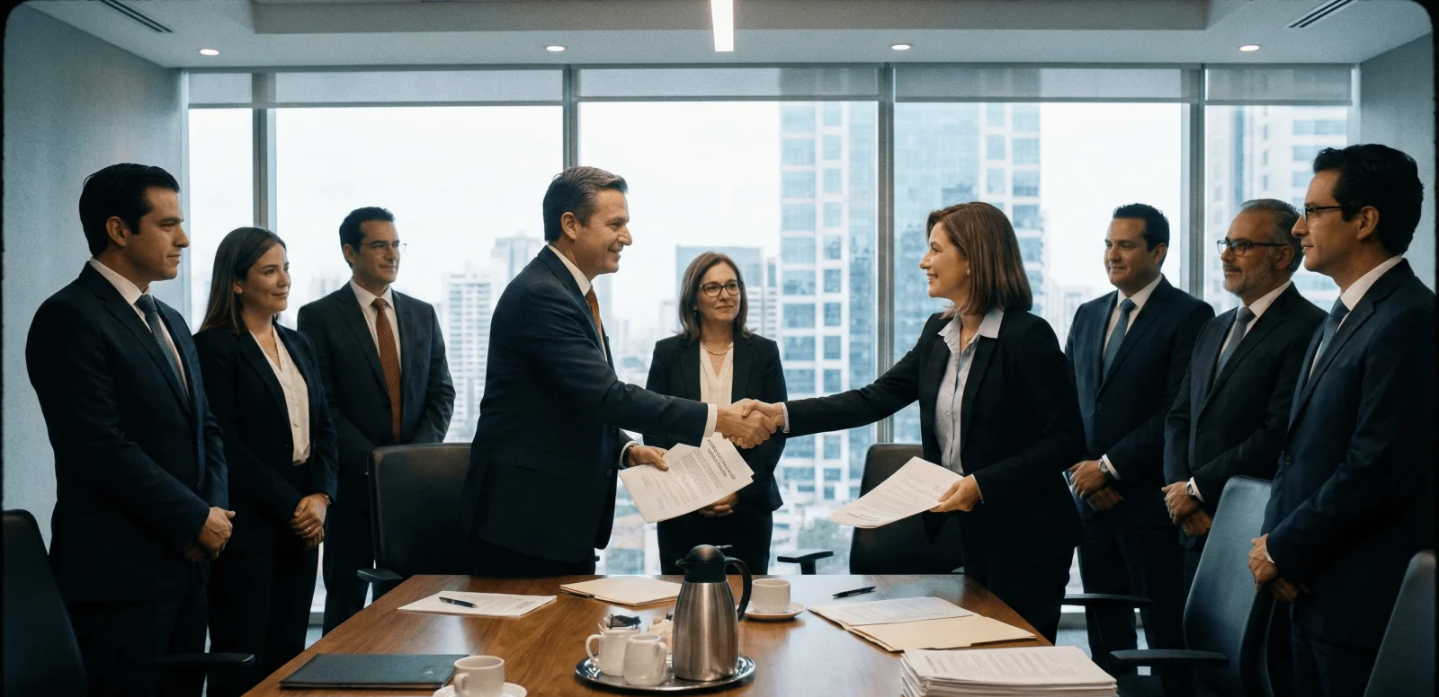 Empresarios firmando un acuerdo de conciliación laboral o transacción para resolver conflictos laborales.