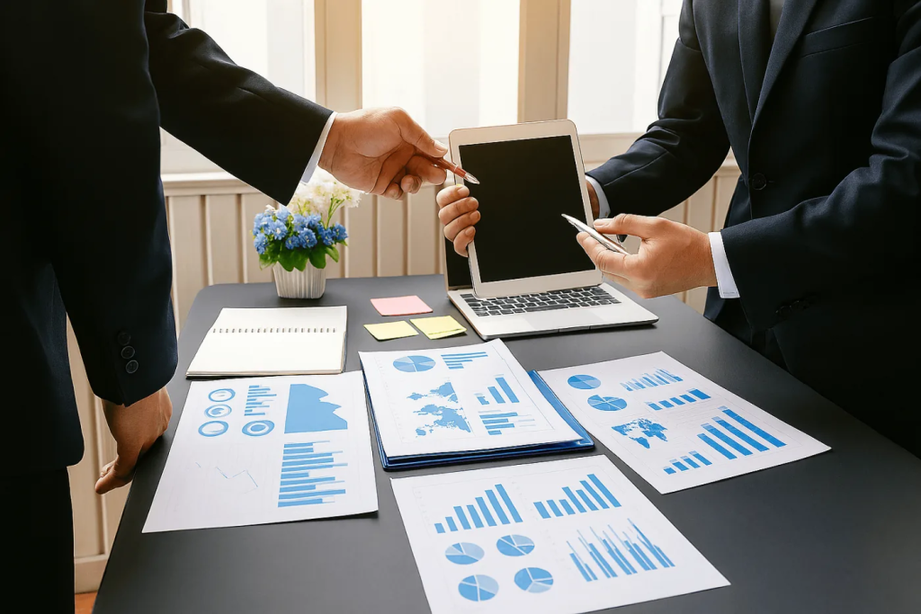 ¿Qué es un programa de cumplimiento en libre competencia? 6 Equipo empresarial revisando un programa de cumplimiento para garantizar la libre competencia en Colombia.