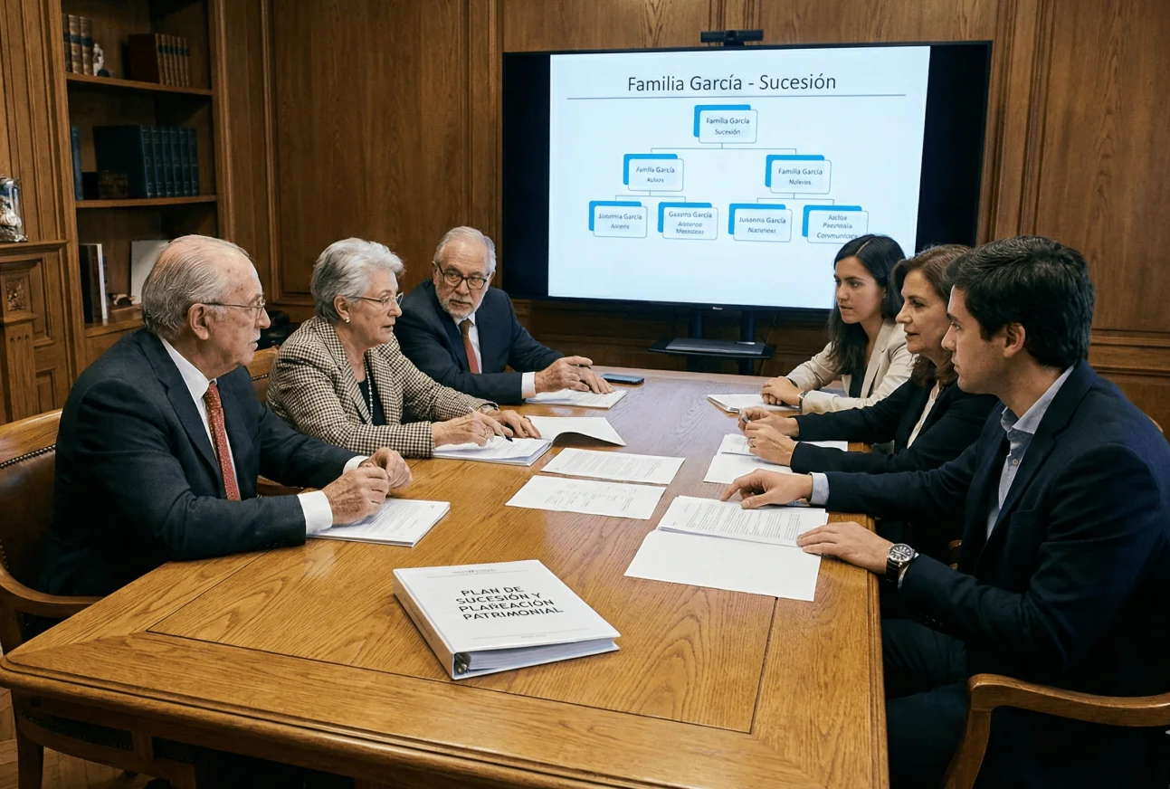 Reunión de socios analizando la planeación patrimonial para la sucesión exitosa de empresas familiares.