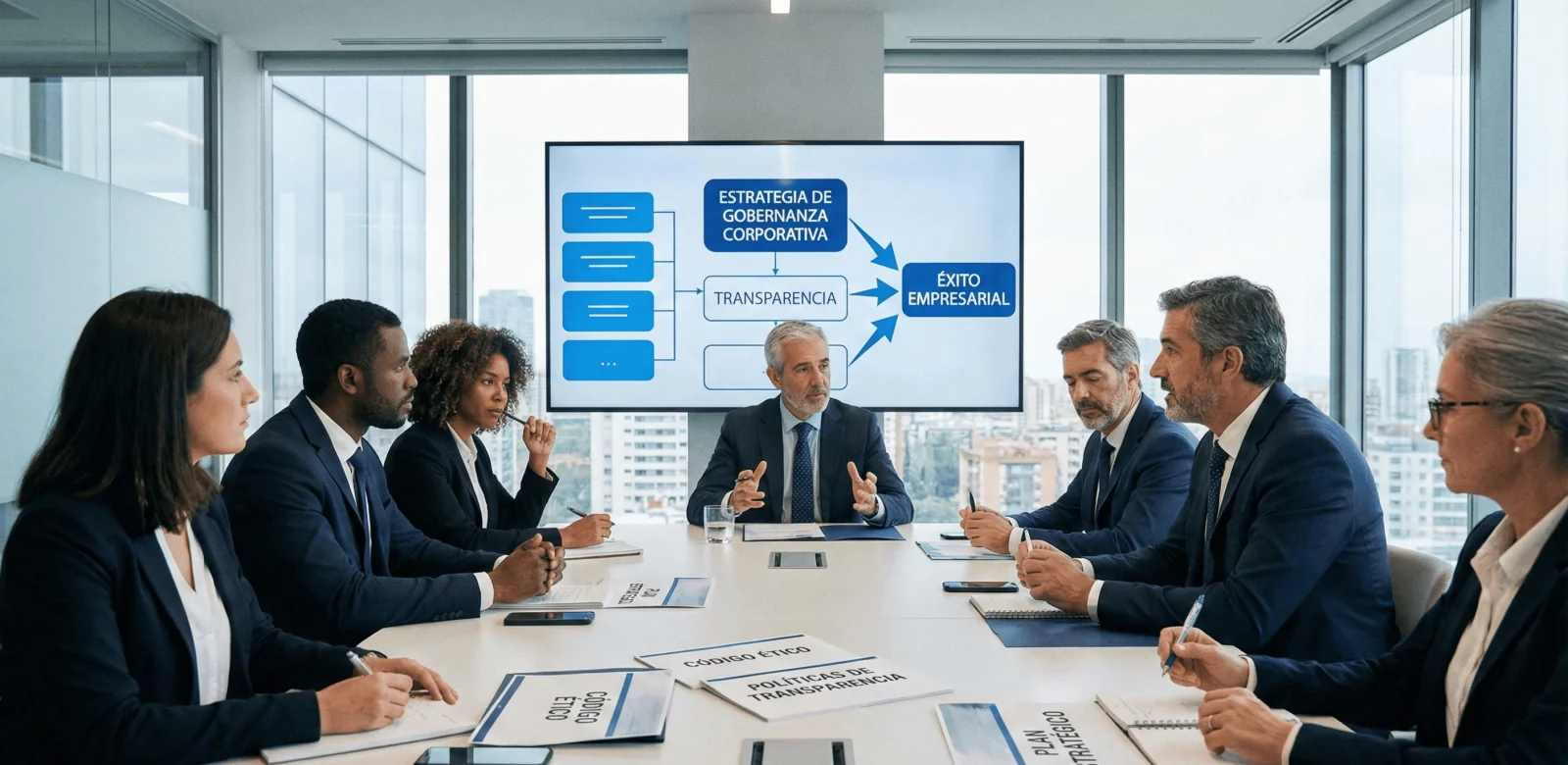 Junta directiva definiendo estrategias de gobernanza corporativa y transparencia para el éxito de empresas.